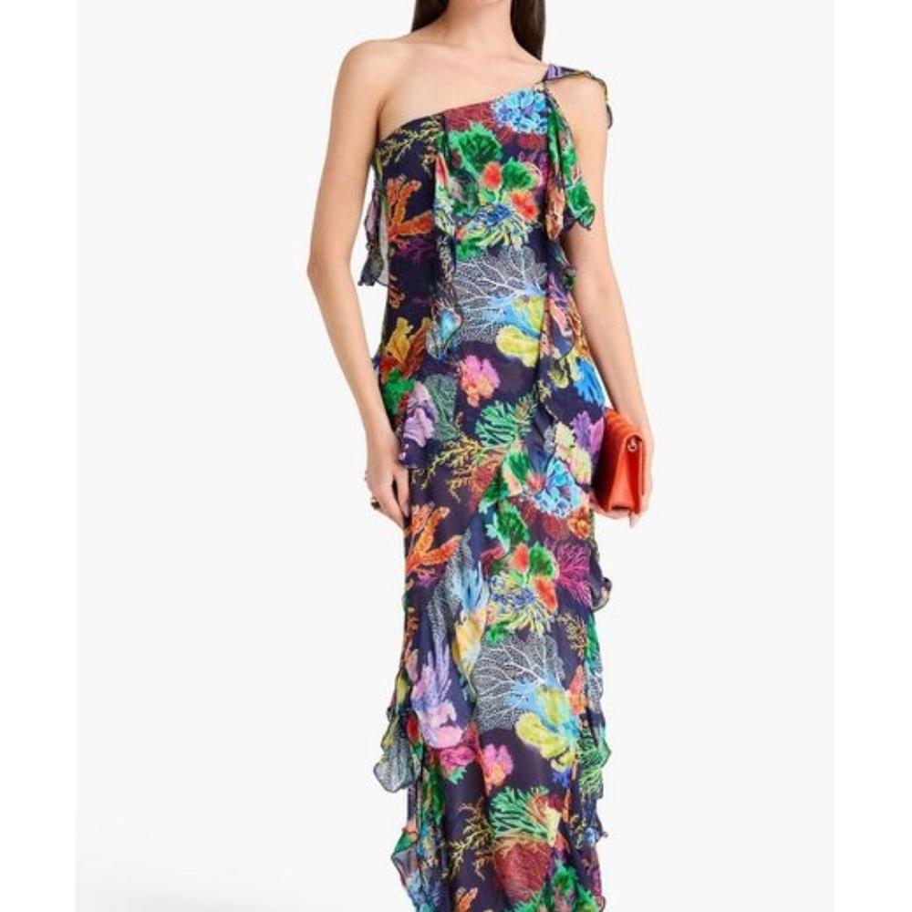 RARE FARM Rio One-Shoulder Floral Ruffle Maxi Dress in Navy with MulticoloR